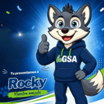 Rocky, la mascota oficial del Gimnasio San Angelo en Bogotá, un lobo alegre que representa los valores del GSA.